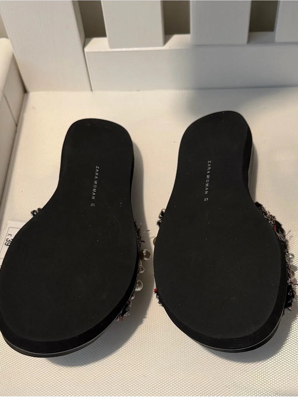 Zara Black Tweed Pearl Slide Sandals - Picture 5 of 5